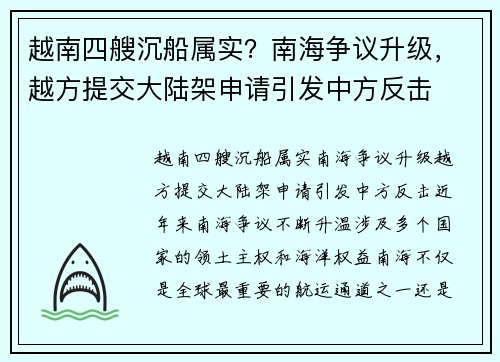 越南四艘沉船属实？南海争议升级，越方提交大陆架申请引发中方反击